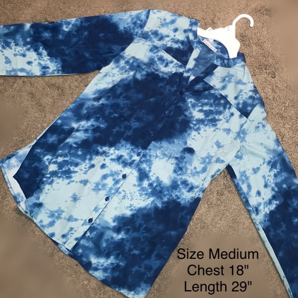 Amanda Blu Tie Dye Teal Button Down Flowy Loose Fit Tunic Blouse - Picture 4 of 6